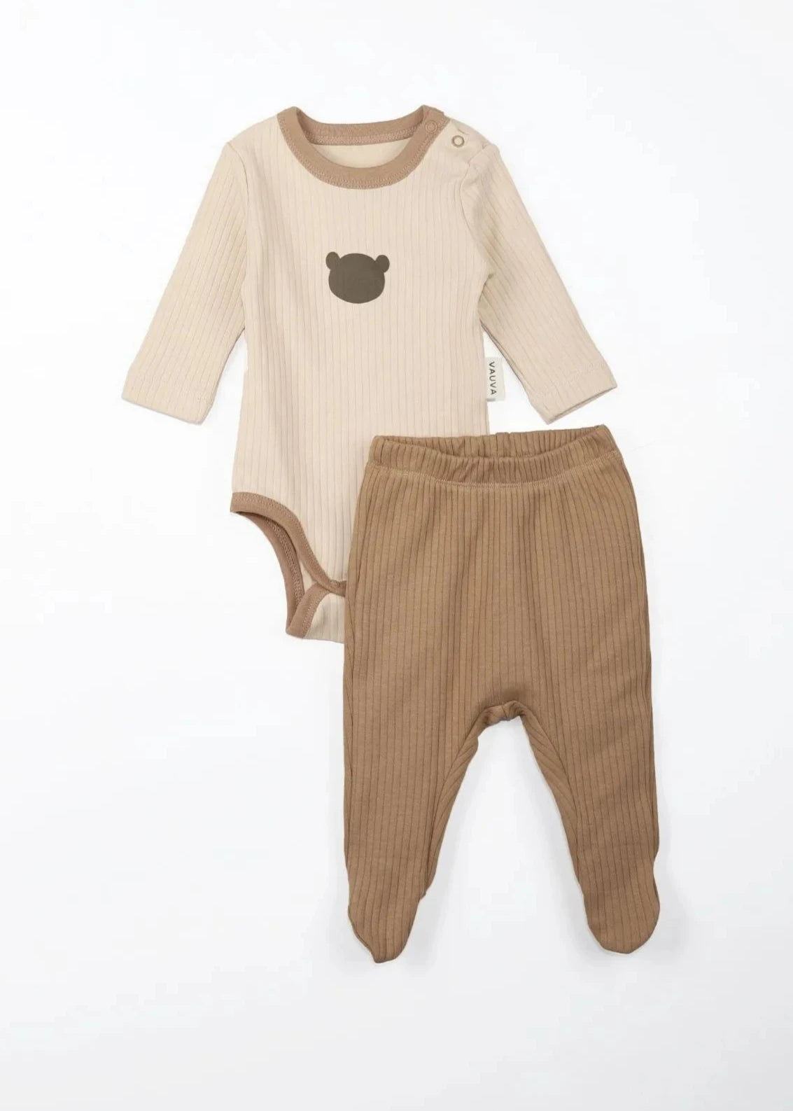 Beige Ribbed Baby Outfit Set with Bear Design - Long Sleeve Bodysuit and Footed Pants