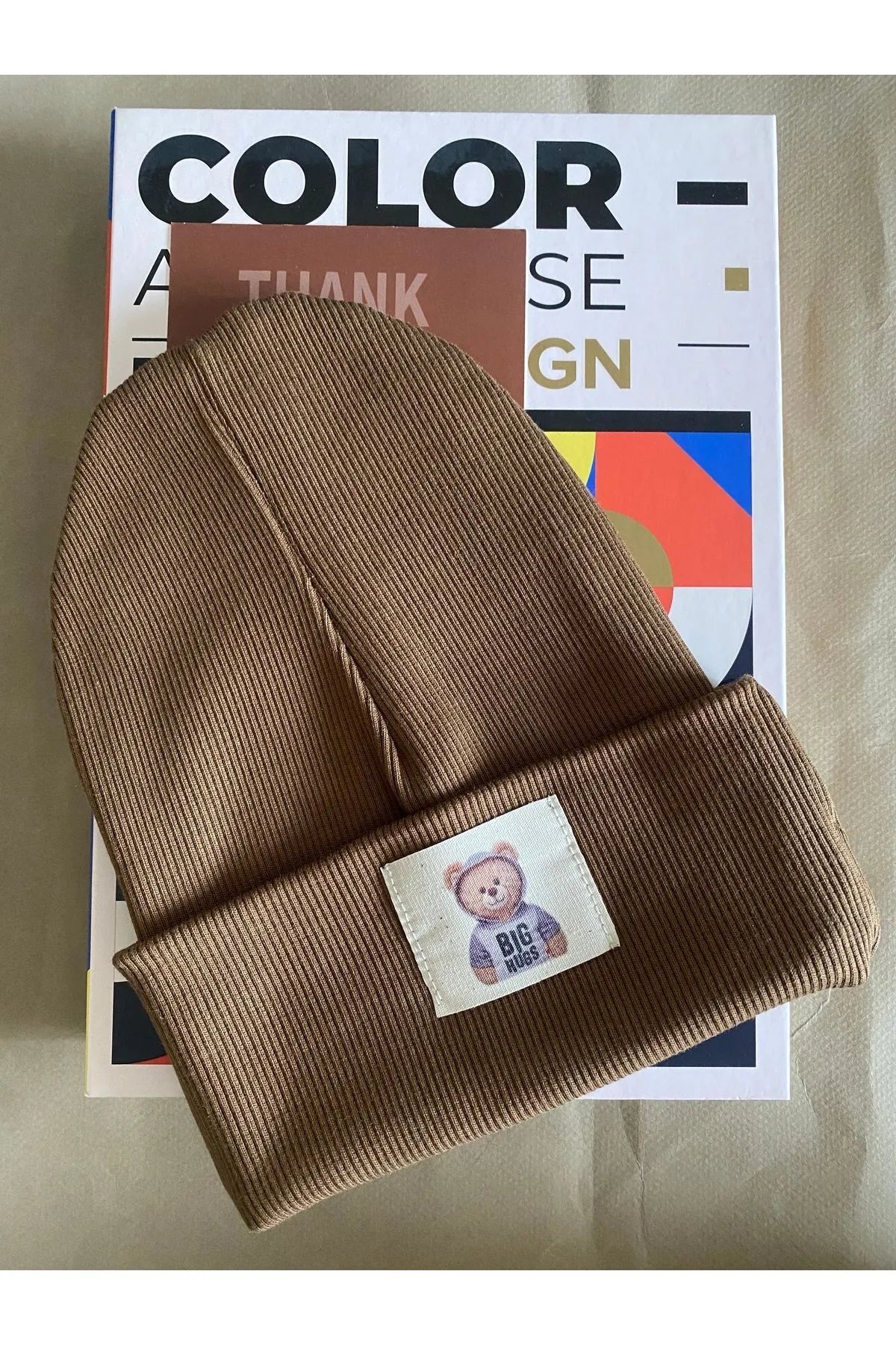 Brown Ribbed Baby Beanie with Bear Patch - Cozy Limited Edition Hat