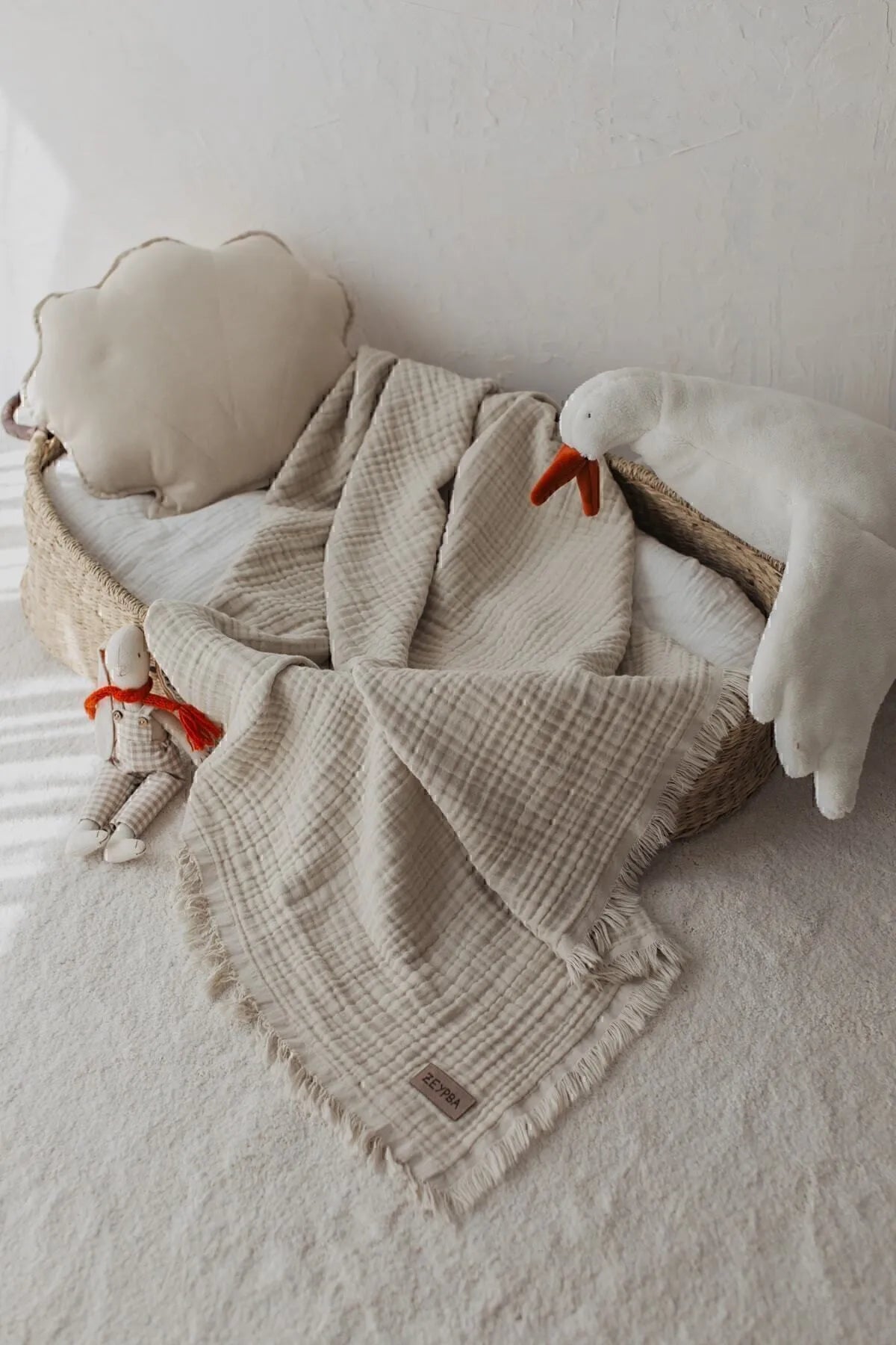 Neutral beige muslin blanket, perfect for both boys and girls