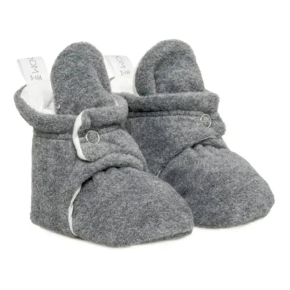 Cozy grey booties with snap closures for added convenience