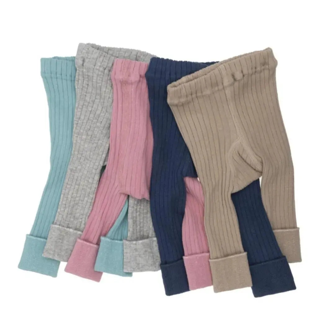 Ribbed knit tights and matching socks set in a variety of colors, including gray, pink, beige, navy blue, and mint green