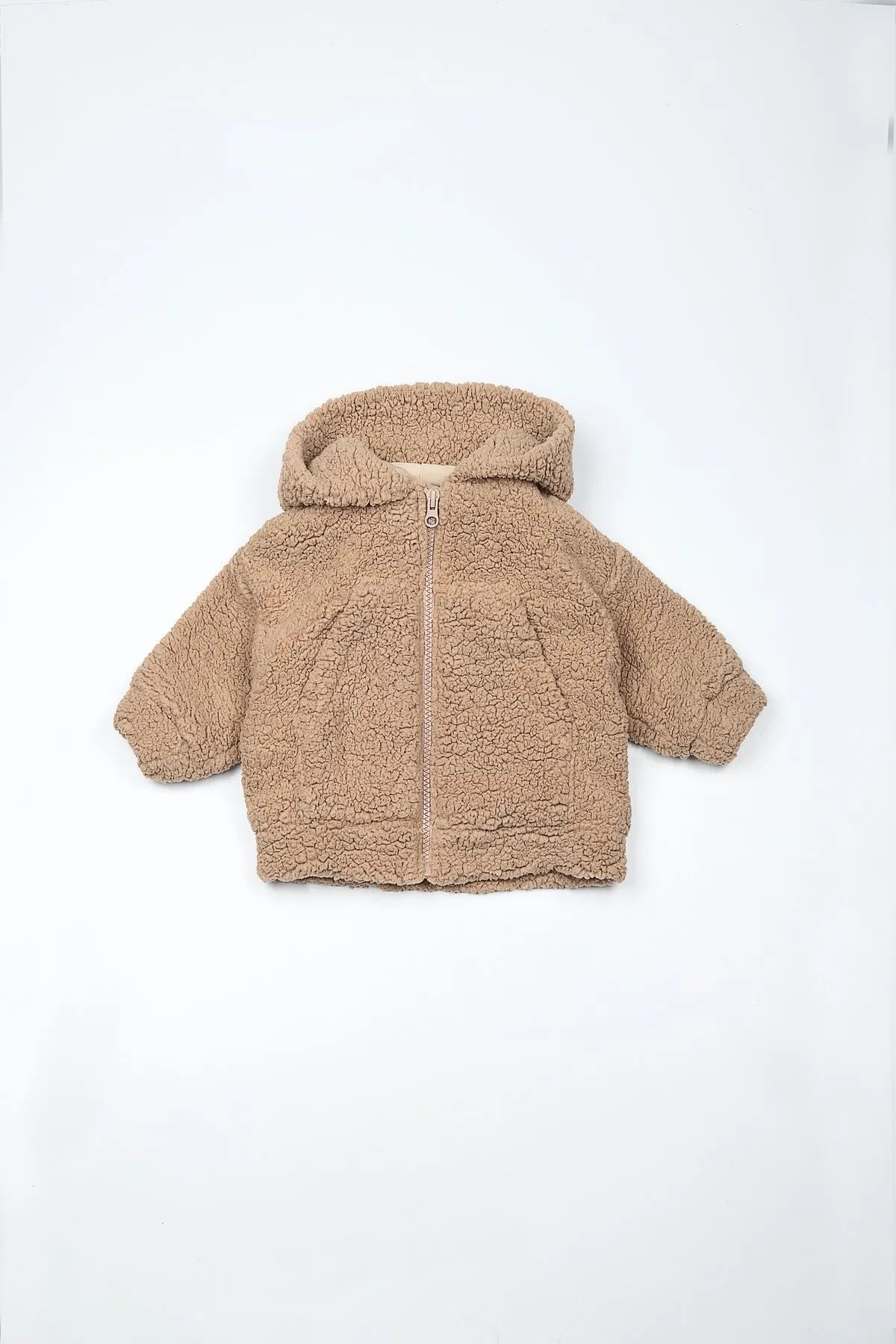 Adorable brown hooded cardigan featuring a bear motif, perfect for keeping your baby warm